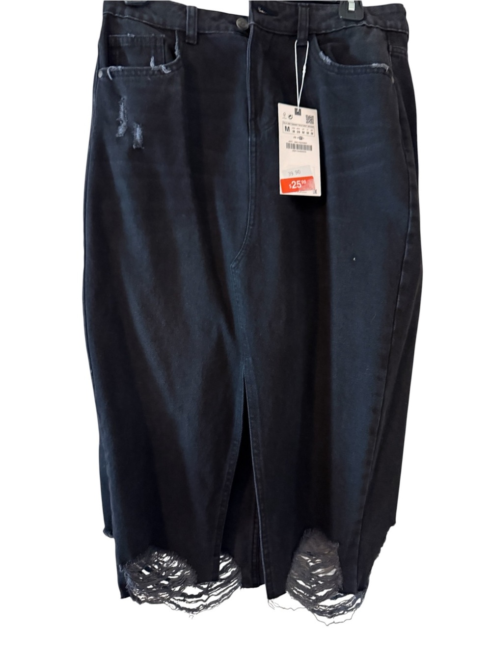 Zara black M denim distressed Midi Skirt with distressed hem NWT